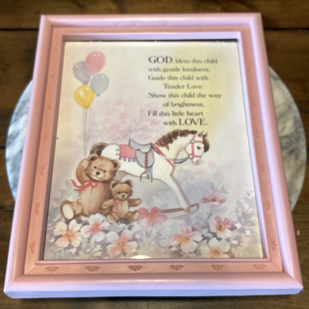 VTG 1988 Homco Pink Frame Litho Bedtime‎ Prayer Balloons Teddy Bears 9.5"x11.5"